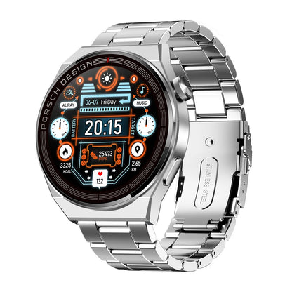 Black or silver smartwatch with a 1.39-inch glass screen on a silicone, steel, or leather-look strap.