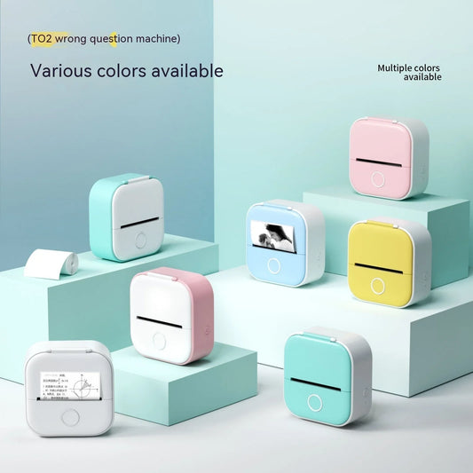 Compact Bluetooth-enabled thermal label printer in white, pink, and green colors with various label options