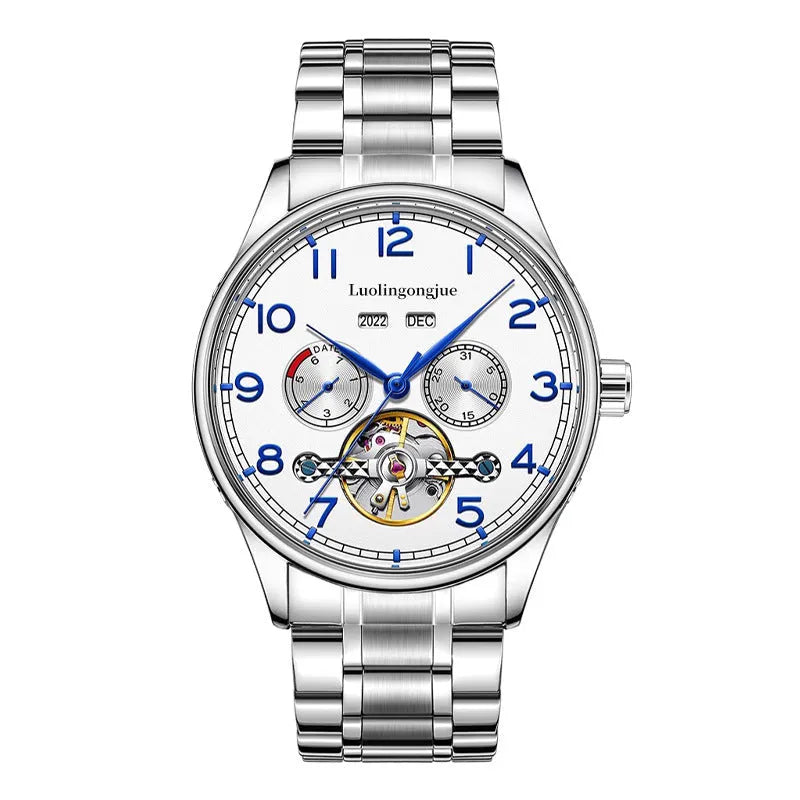 Men's stainless steel mechanical watch with sapphire crystal glass and leather strap showing transparent caseback