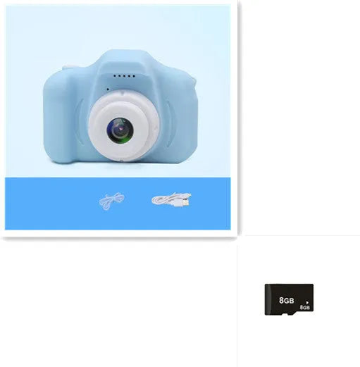 X2 HD mini digital camera for kids in silicone case with lanyard, shown capturing photo on 2-inch screen.