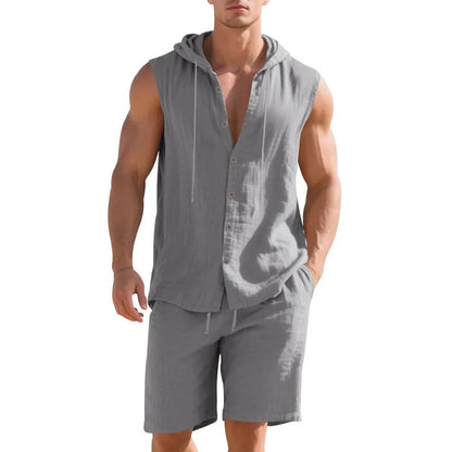 Men's linen sleeveless shirt and shorts suit in multiple colour options