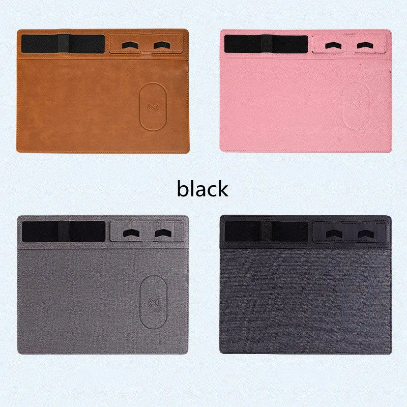 PU leather wireless charging mouse pad with phone holder in black, brown, grey, or pink colours
