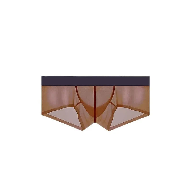 Men's seamless ultra-thin low waist underwear in ice silk fabric with plain weave construction, available in multiple colours including chocolate, dark brown and light blue, with quick drying and invisible features, sizes M to 3XL
