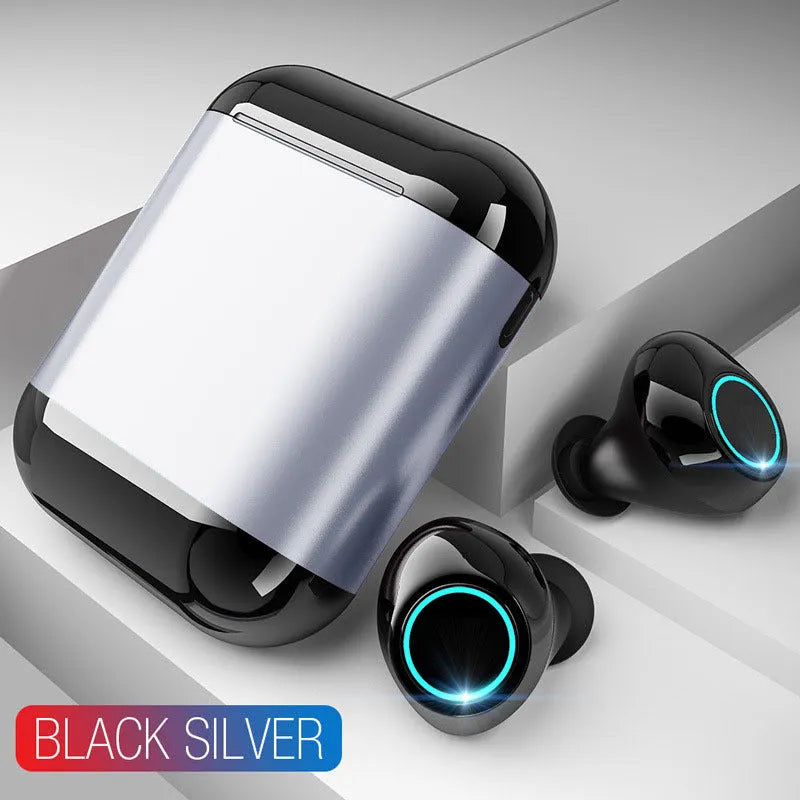 Black, Gold, and Light Grey TWS wireless Bluetooth earbuds with a charging case.