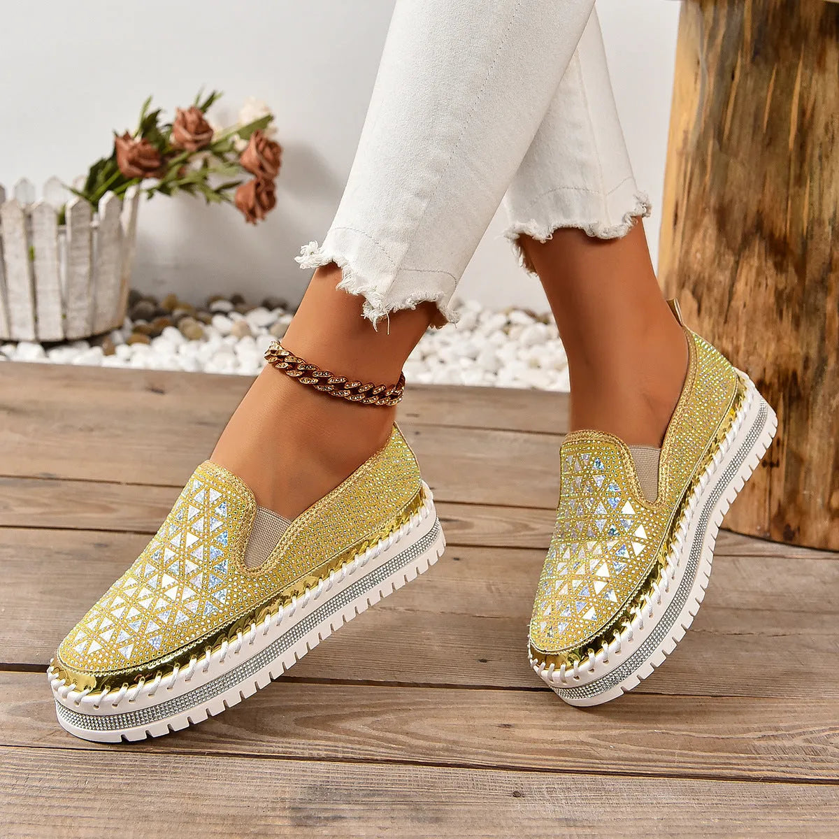 Women's casual suede flat sneakers with floral pattern and rhinestone sequin detail, low top, round toe, black beige or yellow