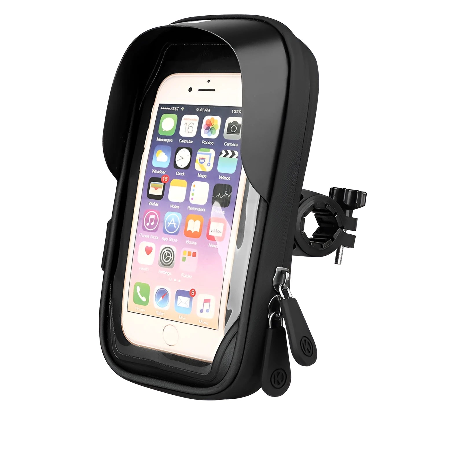 Black TPU mobile phone mount attached to a bicycle handlebar, showing phone inside with touch-through screen.