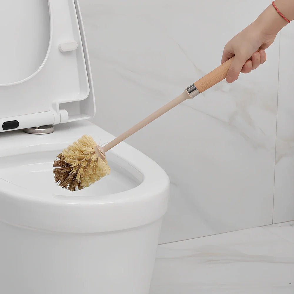Wooden handle toilet brush with 360-degree bristle coverage for complete toilet cleaning