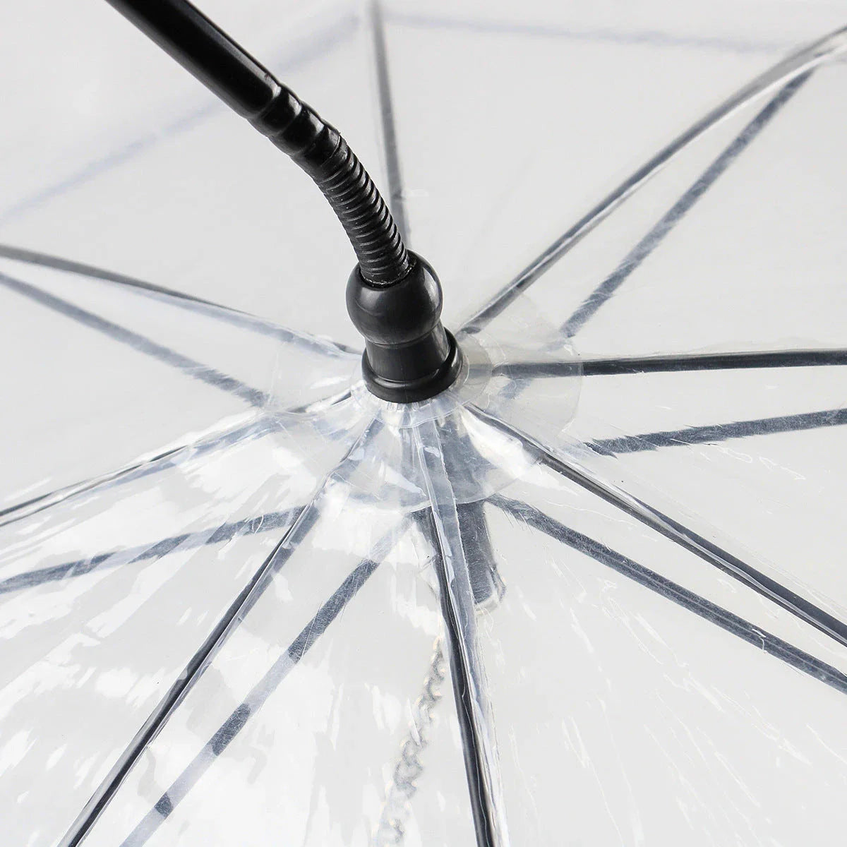 Adjustable transparent pet umbrella with comfortable C-shaped handle and durable PVC and glass fibre construction
