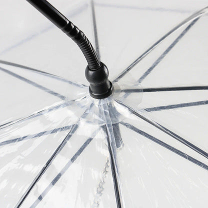 Adjustable transparent pet umbrella with comfortable C-shaped handle and durable PVC and glass fibre construction