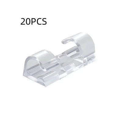 Transparent self-adhesive plastic cable clips for wire management, shown in a pack.