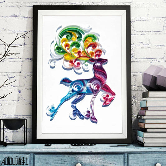 Quilted paper illustration material set featuring various animal designs, including deer, tiger, wolf, fish, crane, flame bird, boat, horse, phoenix, dragon, and lion