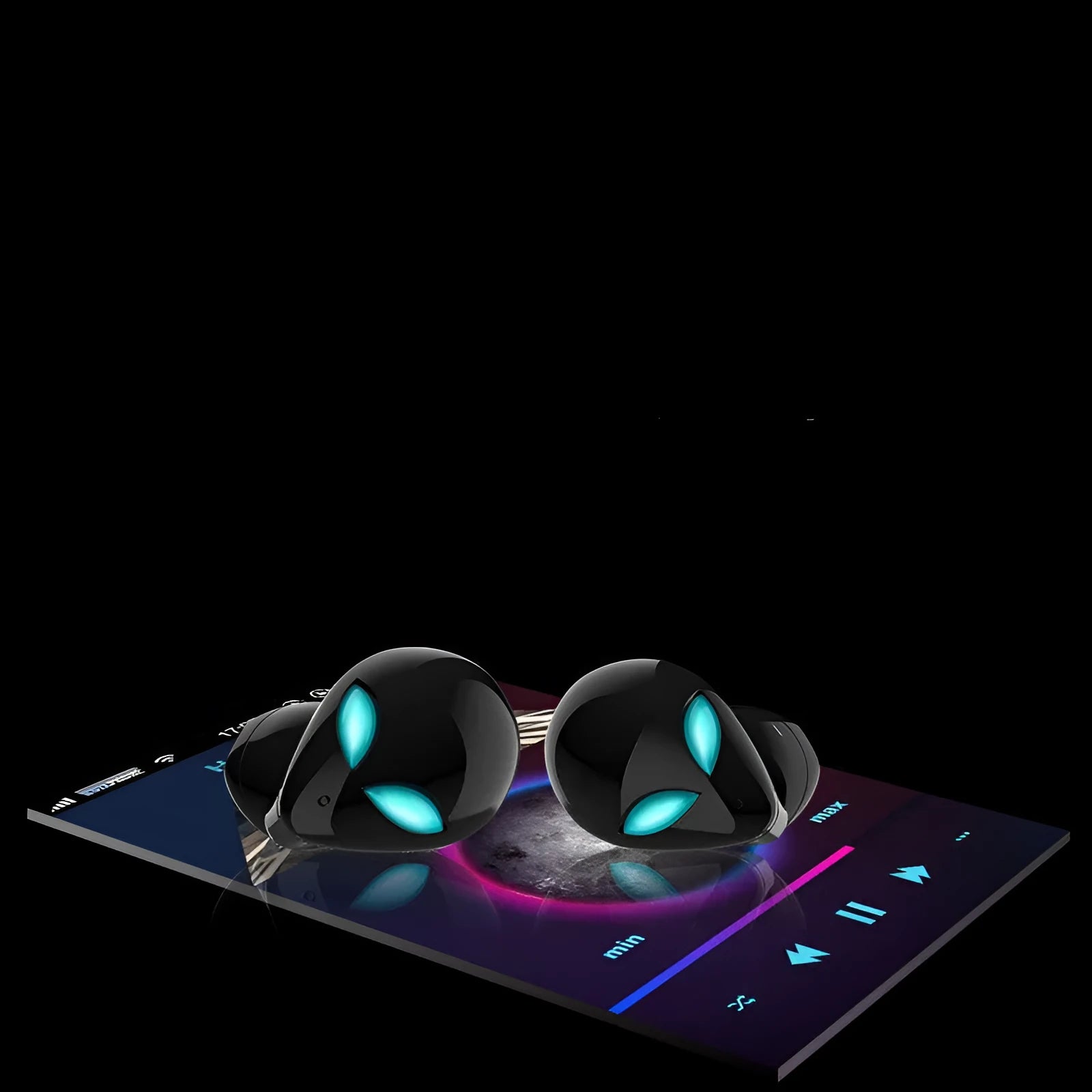 Creative Outer Starman T8 alien-design wireless Bluetooth earbuds and charging case in black.