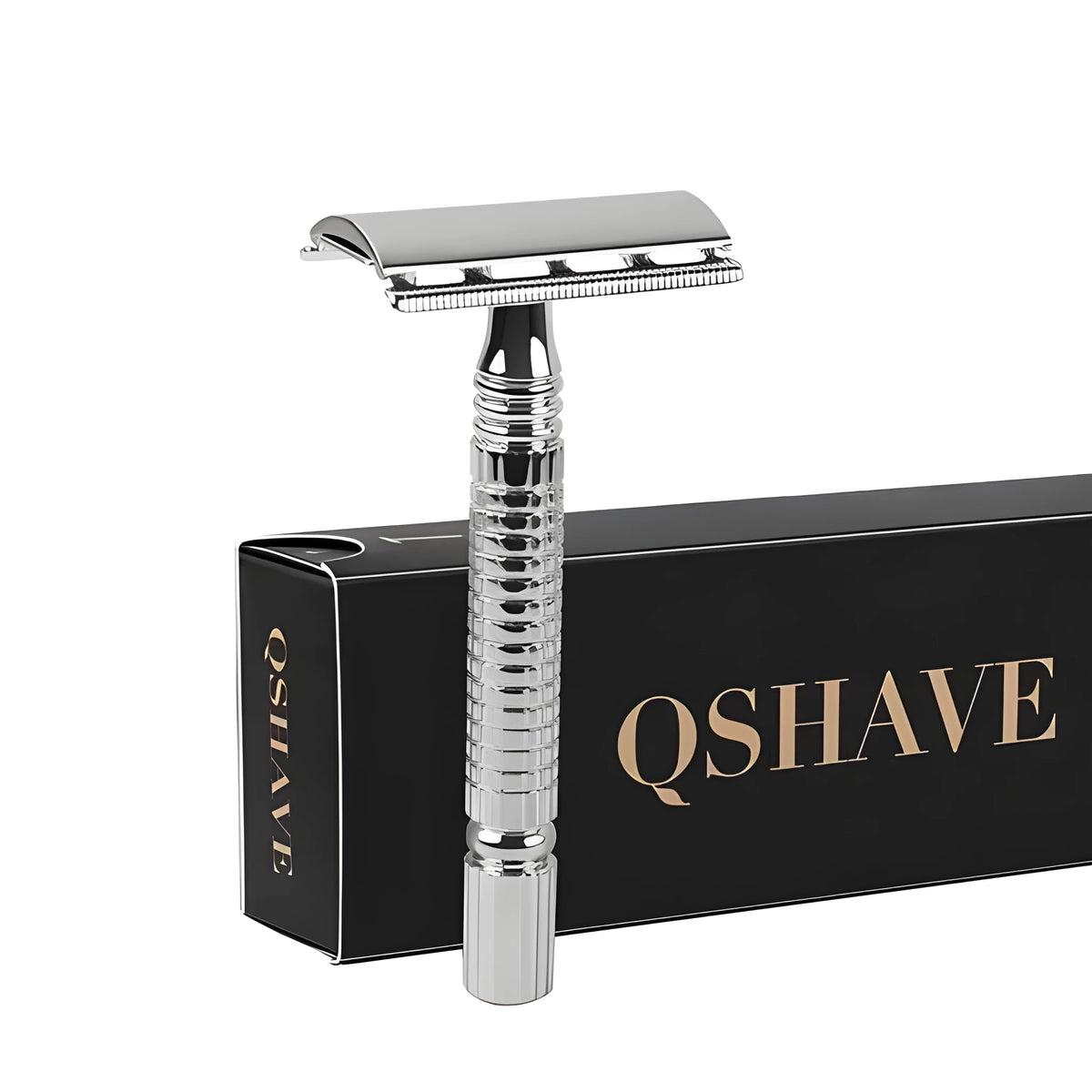 Chrome silver butterfly open double edged safety razor with stainless steel handle on storage box