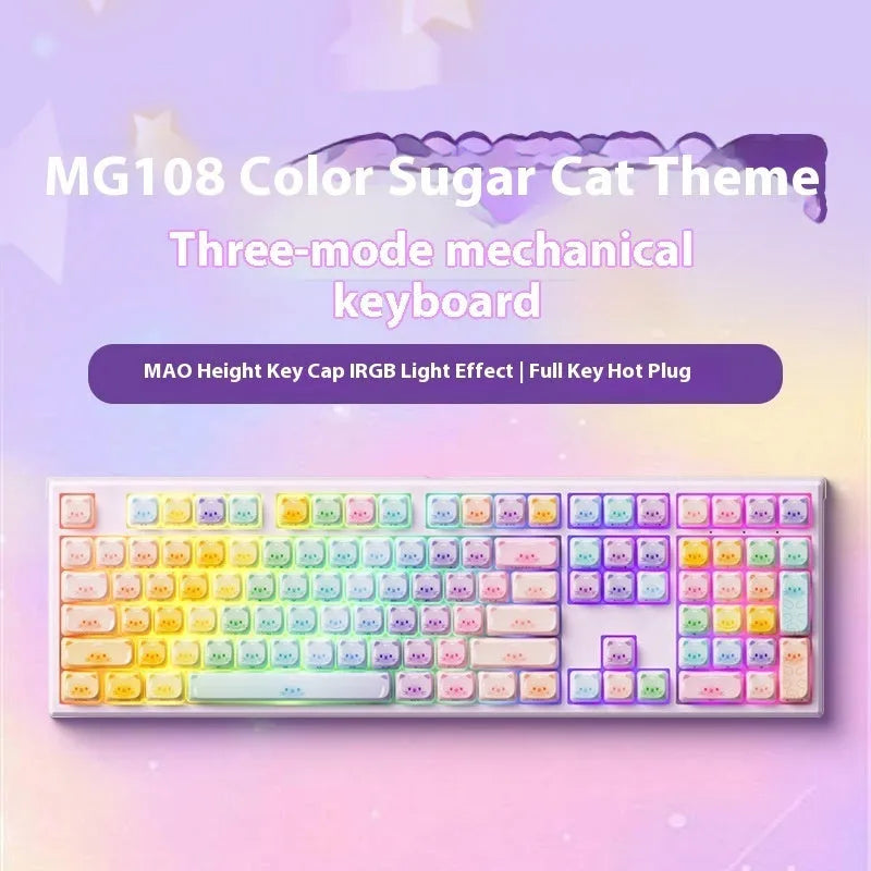 MG108B Coloured Sugar Cat themed mechanical keyboard with piano shaft switches on a desk.
