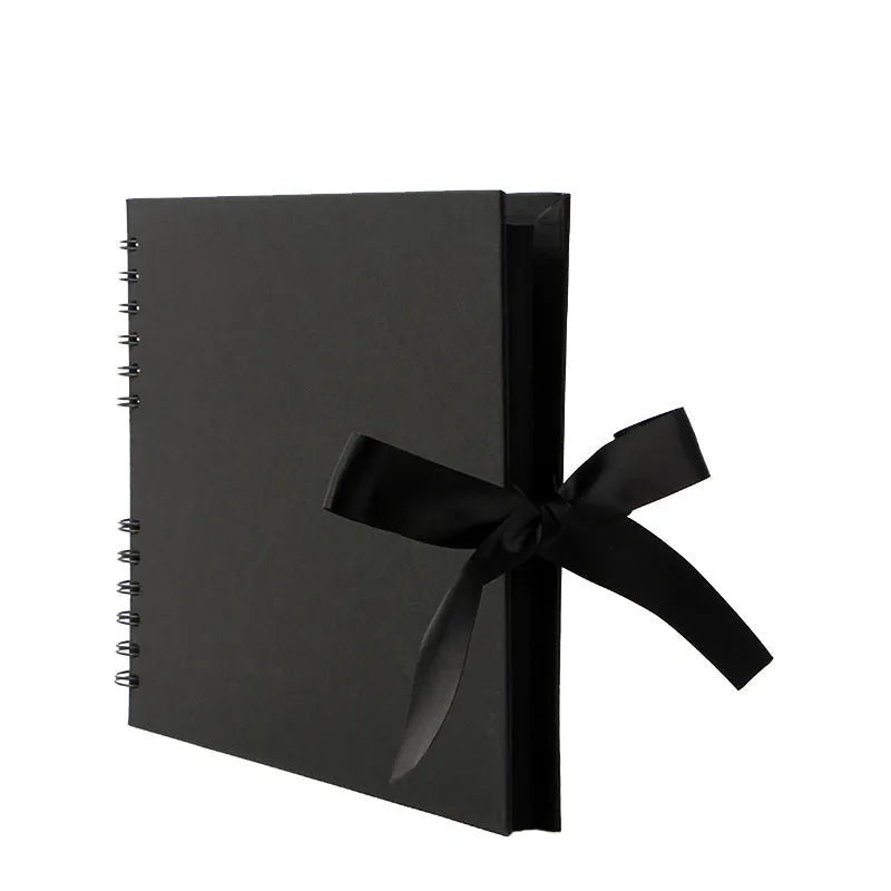 DIY handmade photo album with coil binding, shown with yellow kraft paper and black cardboard cover options