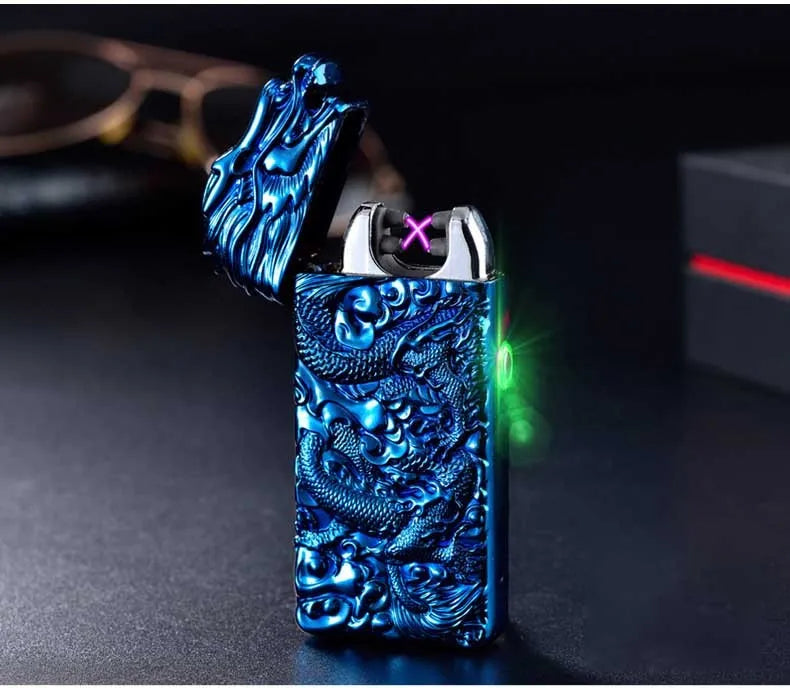 USB rechargeable windproof metal lighter with embossed arc design in multiple colour options