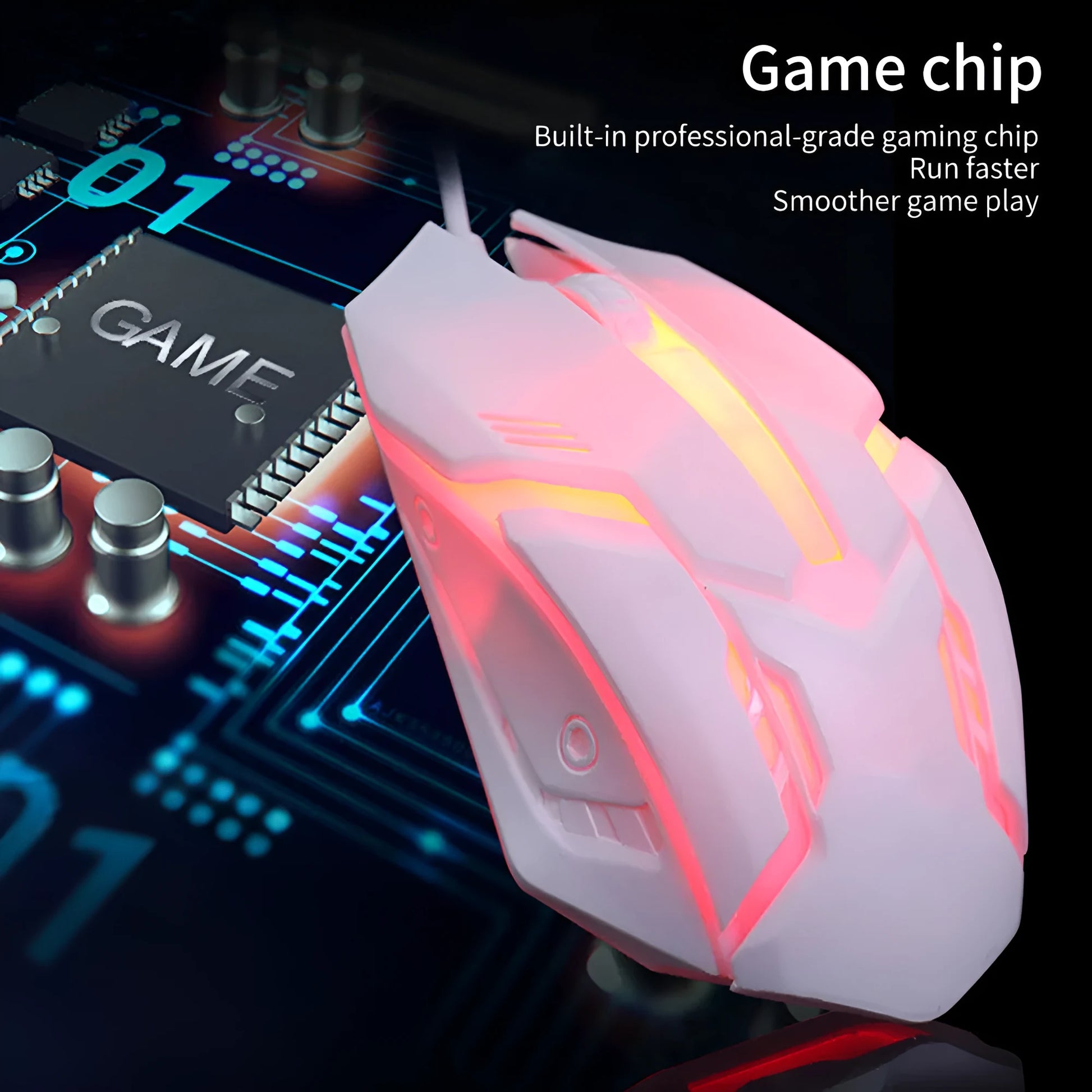 Black and white wired USB mouse with LED lighting and 1.3 metre cable