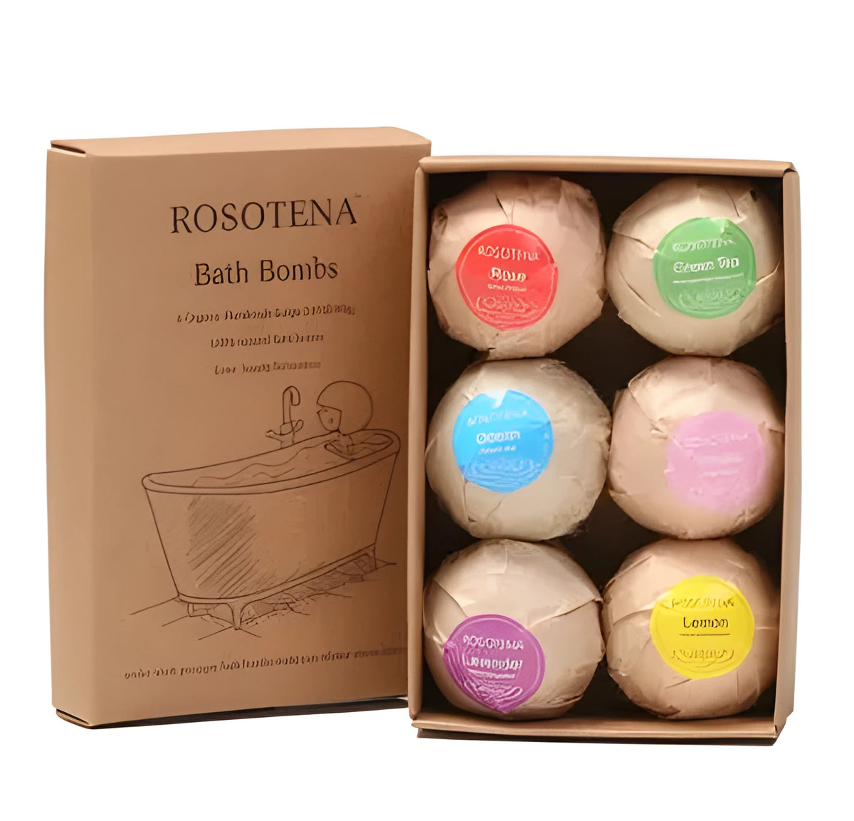 Six 60g organic bath bombs in green tea, strawberry, orange, mint, lavender and rose scents with shea butter and cocoa butter.