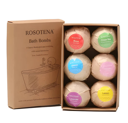 Six 60g organic bath bombs in green tea, strawberry, orange, mint, lavender and rose scents with shea butter and cocoa butter.