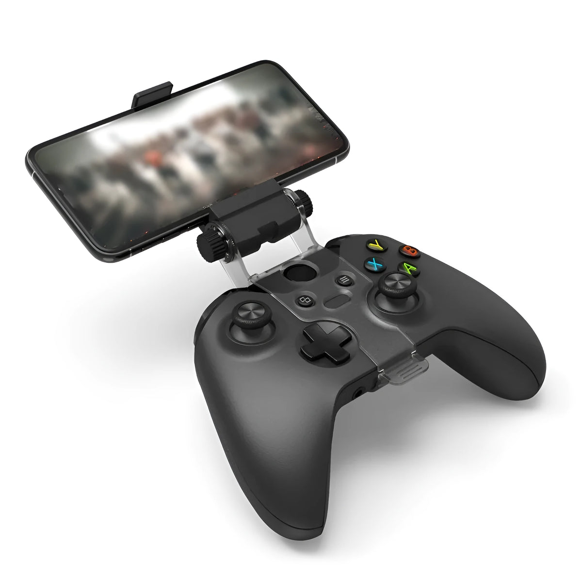 Black universal mobile phone holder bracket for car dashboard, office desk, or home use