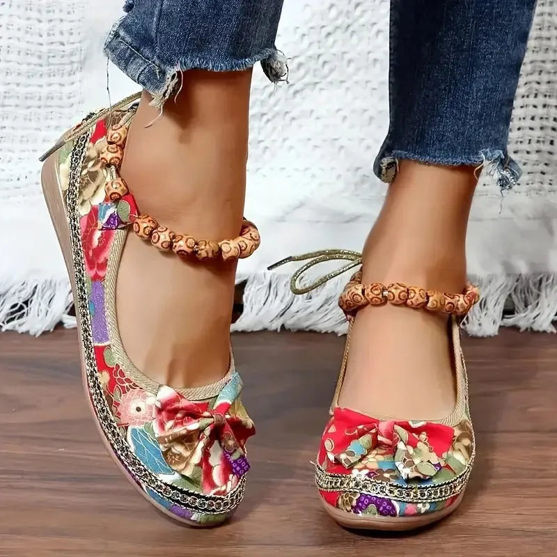 Women's plus size ethnic style platform sandals with PU sole, cloth upper and lining, round toe, elastic band closure in black or red for casual summer wear