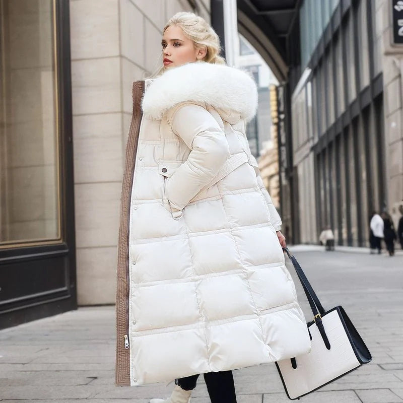 Women's stylish winter coat with fur hood and belt in various colors