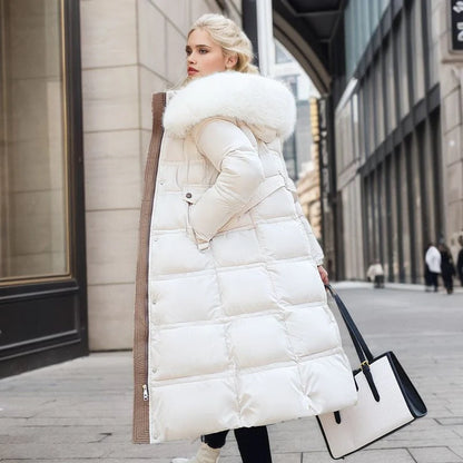 Women's stylish winter coat with fur hood and belt in various colors