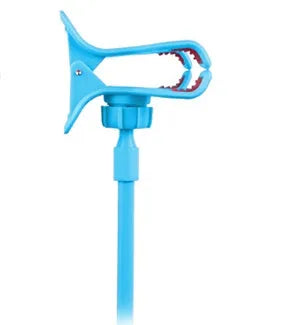 Black flexible long arm phone holder with V-clip holding a smartphone, bent over a bedside table