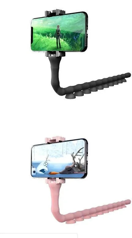 Black flexible gooseneck phone holder with suction cup base bent into an S-shape, holding a smartphone.