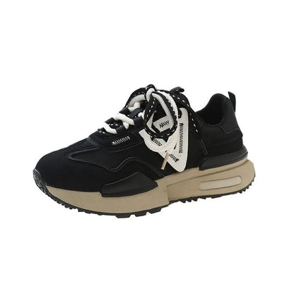 Women's retro platform sports shoes in black colour with lace-up front and rubber sole