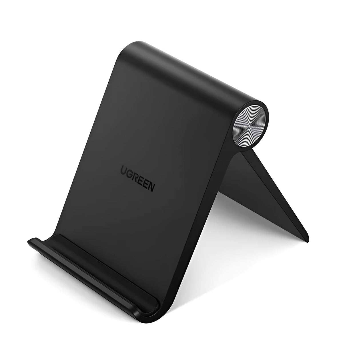 UGREEN LP106 adjustable lazy bracket phone holder in black, blue, or white, gripping a smartphone.