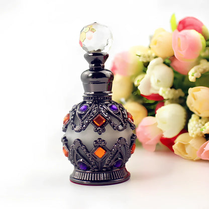 Arabic style glass perfume bottle with zinc alloy hardware and electroplated finish in choice of colours