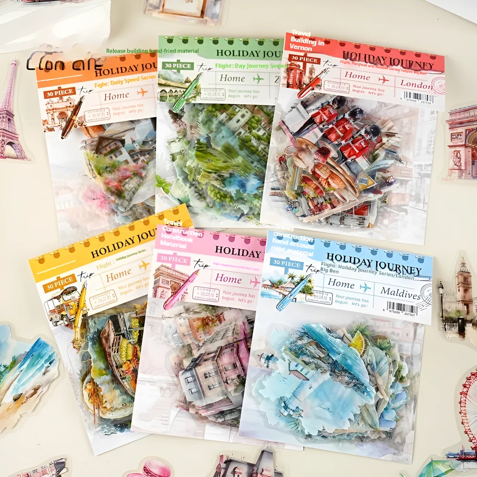 Sheet of retro-style printed stickers showing architectural landmarks including Paris Arc de Triomphe and Bangkok Grand Palace.
