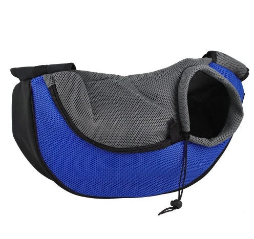 A comfortable and stylish pet sling bag with padded mesh and leather details, allowing hands-free travel for pet owners.