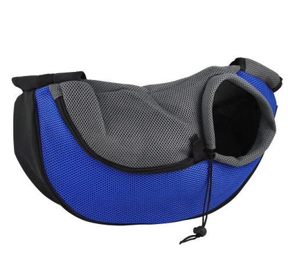 A comfortable and stylish pet sling bag with padded mesh and leather details, allowing hands-free travel for pet owners.