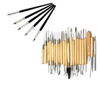 27-piece pottery clay tool set with stainless steel, wood, and plastic tools in an OPP storage bag.
