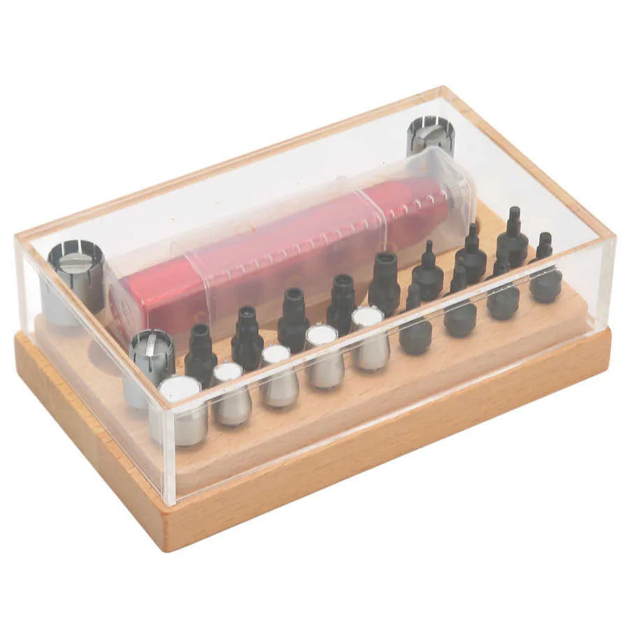 20-piece steel watch case opening tool set laid out on a surface