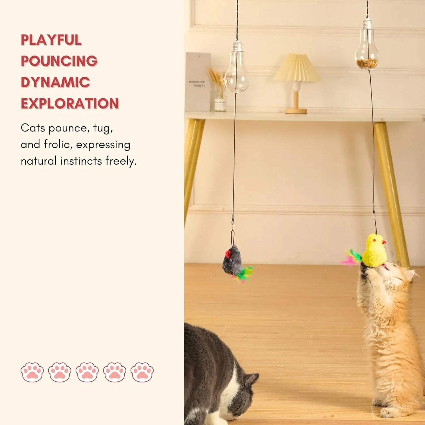 Interactive cat toy hanging from door frame with elastic rope, sound response system, and treat reward dispenser