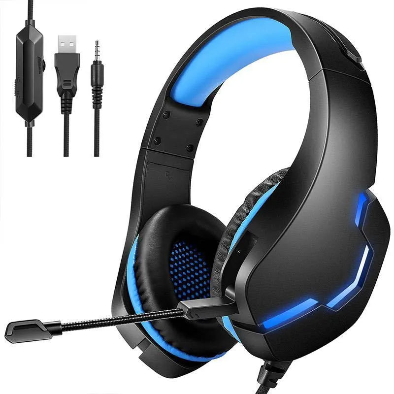 J10 3.5mm wired gaming headset with mic, LED lights, soft PU earmuffs, and blue or red colour options