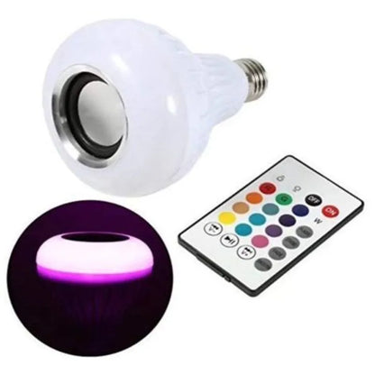 White smart Bluetooth LED bulb speaker with E27 base and remote control for RGB lighting