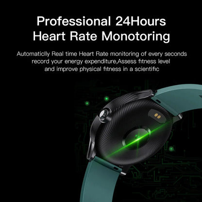 Green square multi-sport smart watch with touch screen and heart rate monitor on a wrist.
