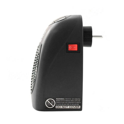 Compact electric space heater with stay-cool plastic housing, digital thermostat, and 180-degree rotating plug
