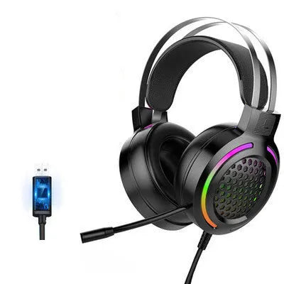 H500 Holloway RGB USB gaming headset in black with colourful lights and memory foam ear cushions