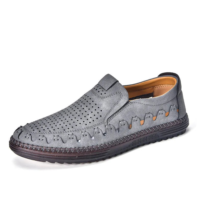 Men's brown slip-on casual shoes with round toe and visible sewing line details