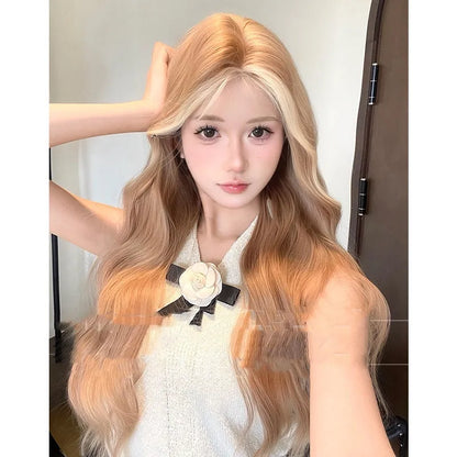Long curly full-head lace wig in American highlight gold colour