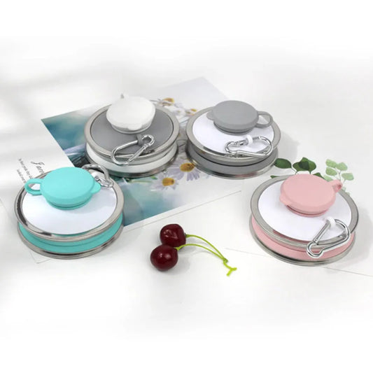 500ml silicone collapsible water bottle in various colours, showing folded and unfolded states with leak-proof lid