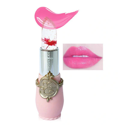 Six Flower Crystal Jelly Magic Lipgloss tubes in Green, Pink, Purple, Red, Rose, and Yellow colours showing high-shine finish