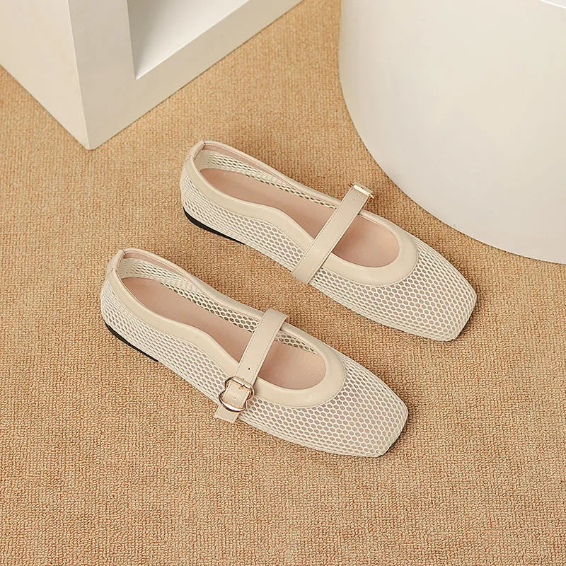 Women's beige mesh hollow out pumps with buckle fastening and square toe on a flat sole.