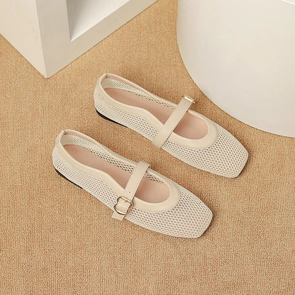 Women's beige mesh hollow out pumps with buckle fastening and square toe on a flat sole.