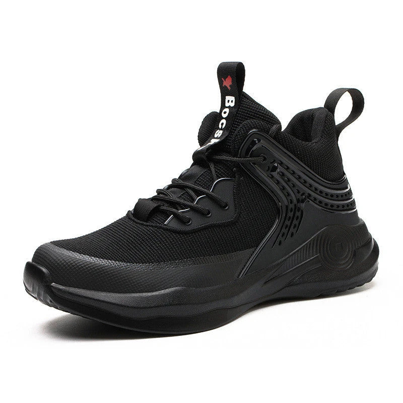 Durable steel-toe work boots with breathable mesh and leather uppers, shock-absorbing midsole, and puncture-resistant outsole